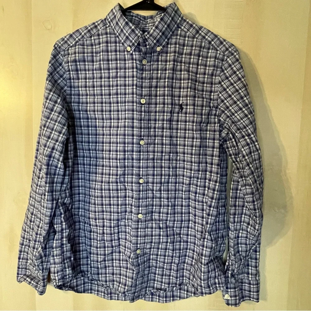 Ralph Lauren blue white plaid long sleeve button front shirt size XL Youth 18/20